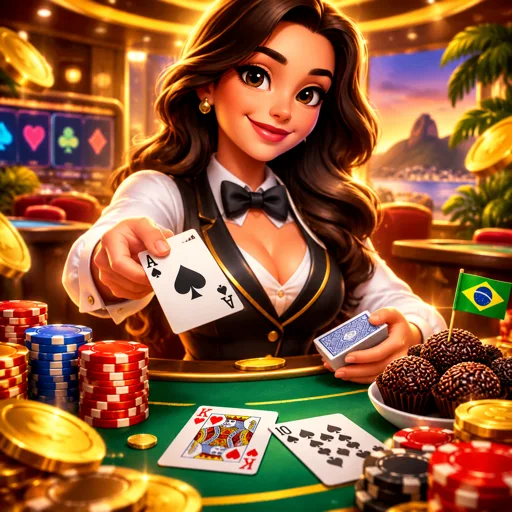 Mesa de blackjack ao vivo com cartas e fichas sobre o feltro iluminado